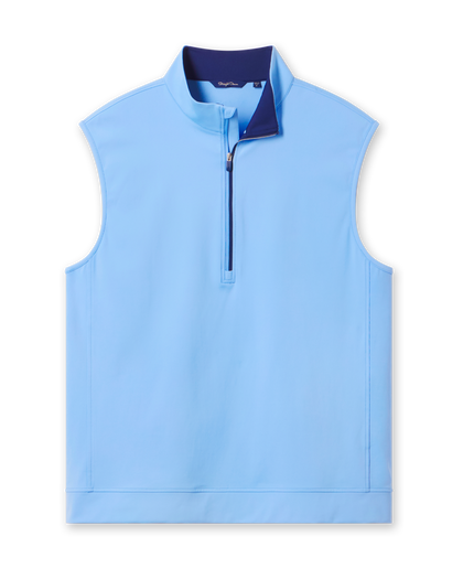  Carson Vest in Carolina, flat lay front view featuring a light blue quarter-zip vest with contrast navy collar interior
