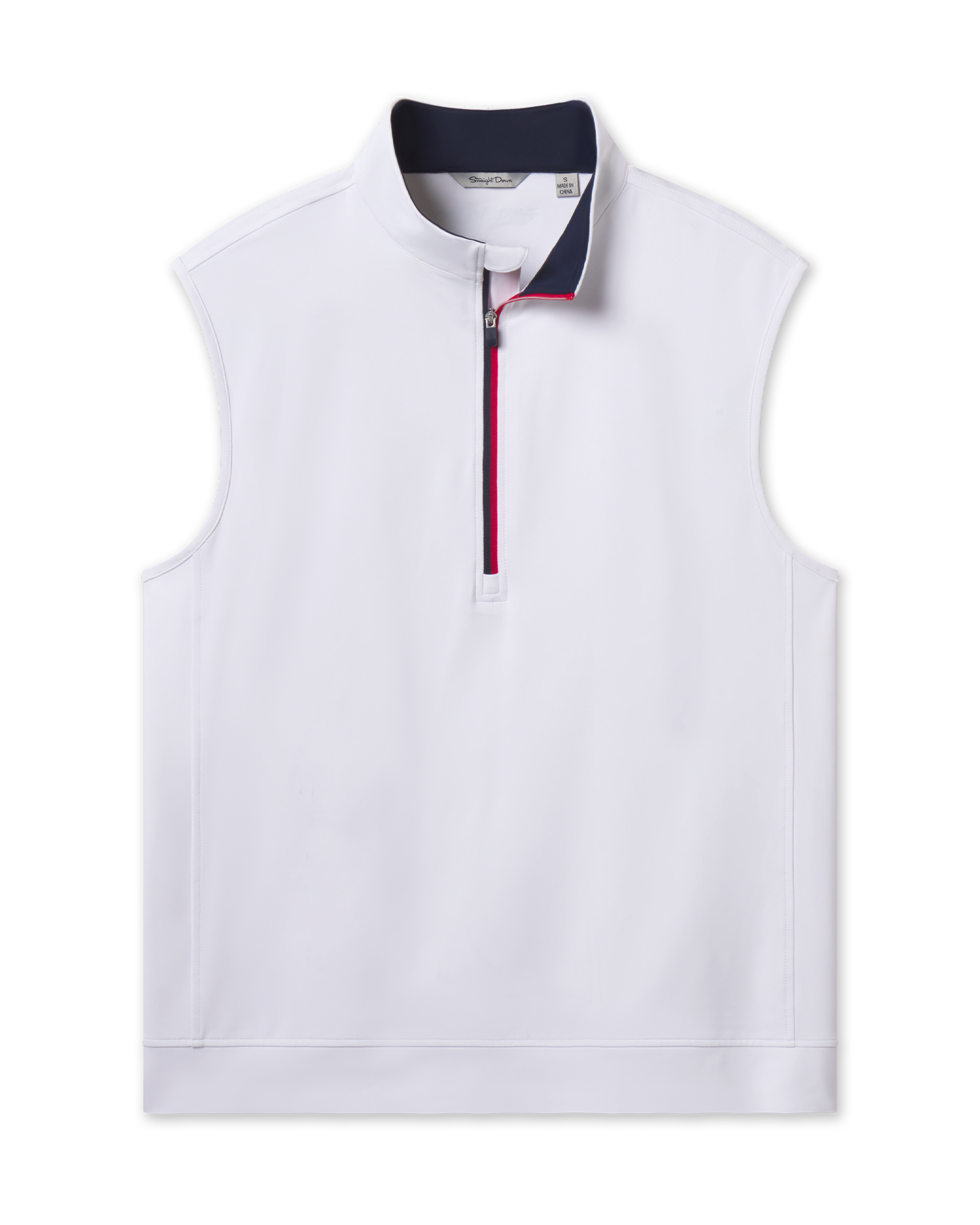 Carson Vest in White body, New Indigo inner contrast collar, and Flag Red zipper trim, quarter-zip golf vest front view