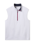 Carson Vest in White body, New Indigo inner contrast collar, and Flag Red zipper trim, quarter-zip golf vest front view