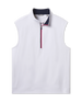 Carson Vest in White body, New Indigo inner contrast collar, and Flag Red zipper trim, quarter-zip golf vest front view