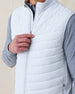 Men's Delta 2.0 Quilted Hybrid Vest in Silver, close-up front view on model highlighting the quilted panel texture and full zip closure detail