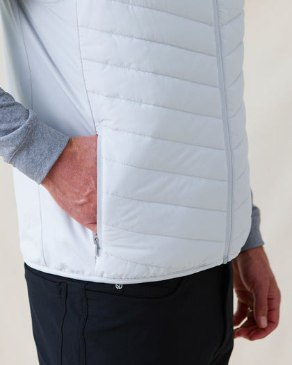 Men's Delta 2.0 Quilted Hybrid Vest in Silver, close-up detail view of the zip hand pocket
