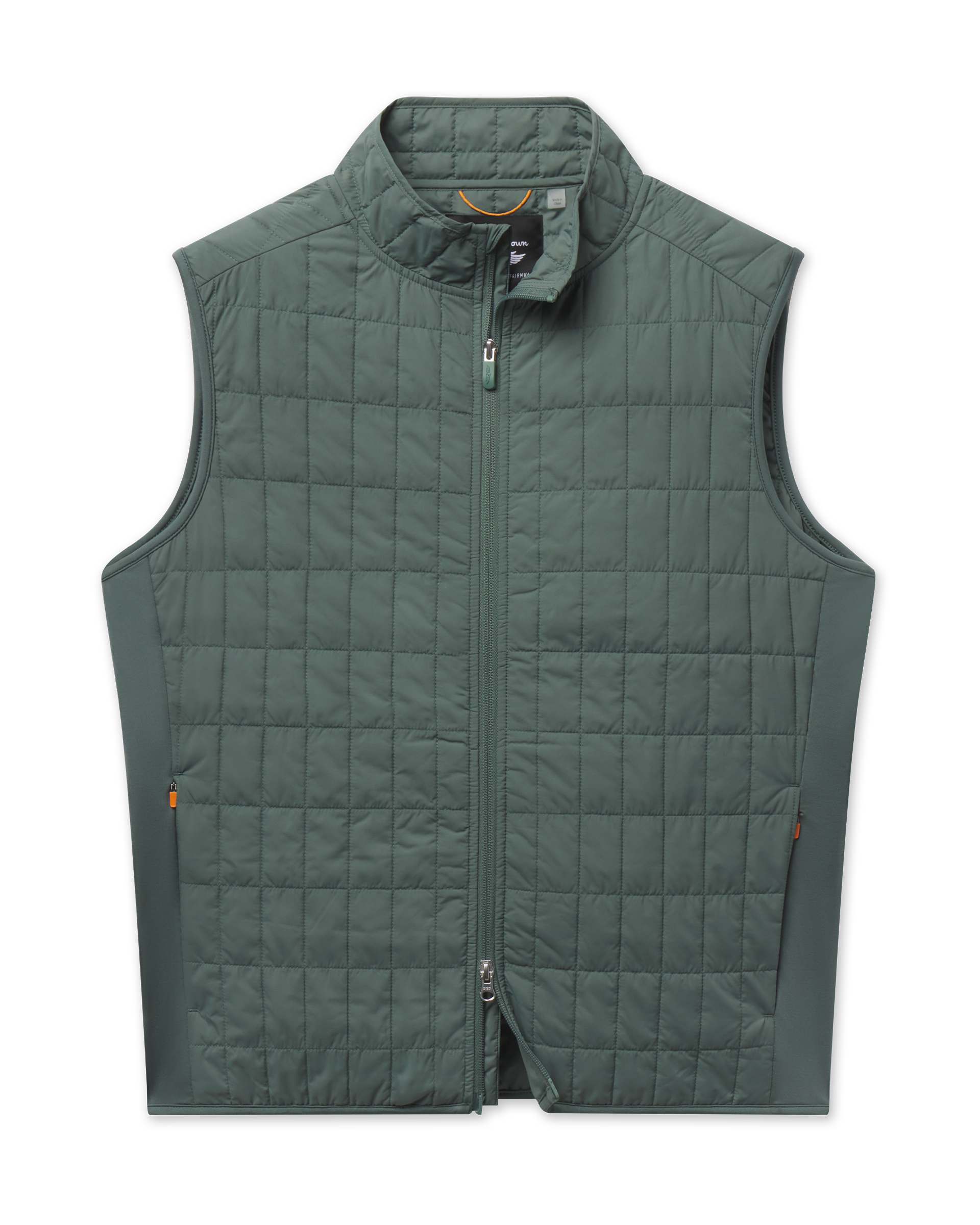 Big Horn Quilted Vest in Dark Forest featuring a full-zip front, stand collar, grid-quilted construction, and zippered side pockets.