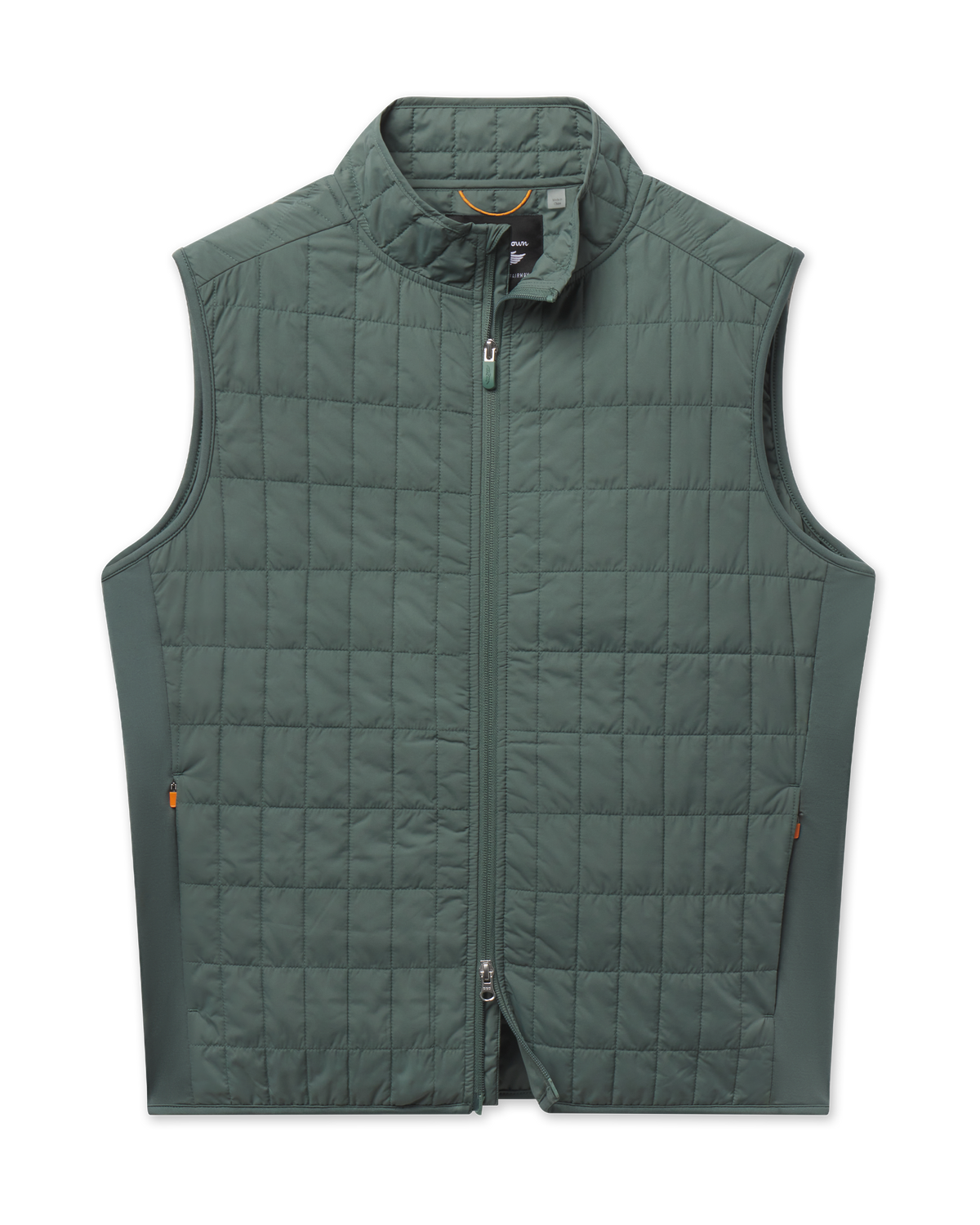 Big Horn Quilted Vest in Dark Forest featuring a full-zip front, stand collar, grid-quilted construction, and zippered side pockets.