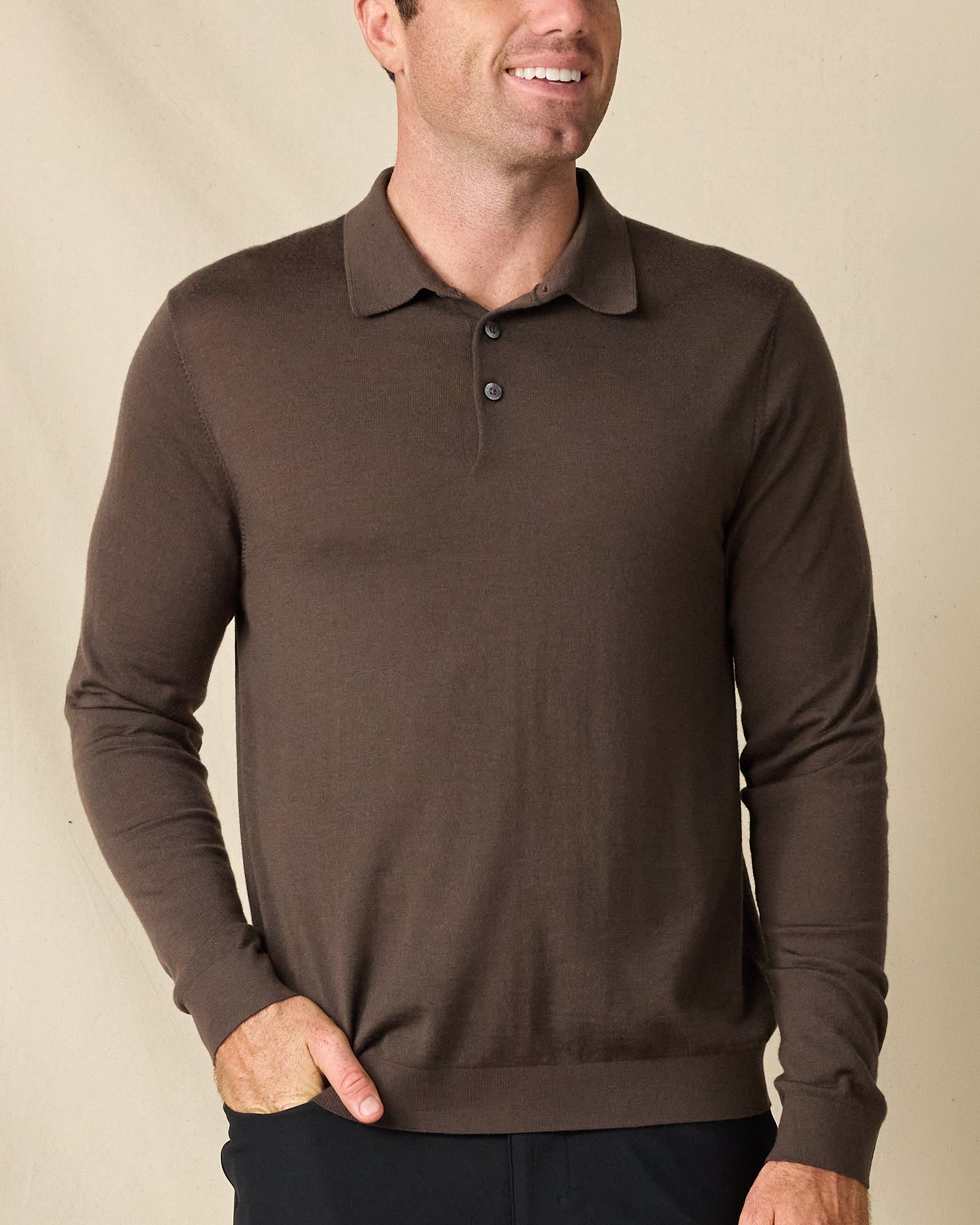 Stuart Long Sleeve Sweater Polo - Bourbon