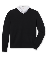 Connery V-Neck Sweater in Black featuring a classic V-neck, long sleeves, and ribbed cuffs and hem.