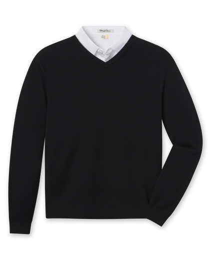 Connery V-Neck Sweater in Black featuring a classic V-neck, long sleeves, and ribbed cuffs and hem.