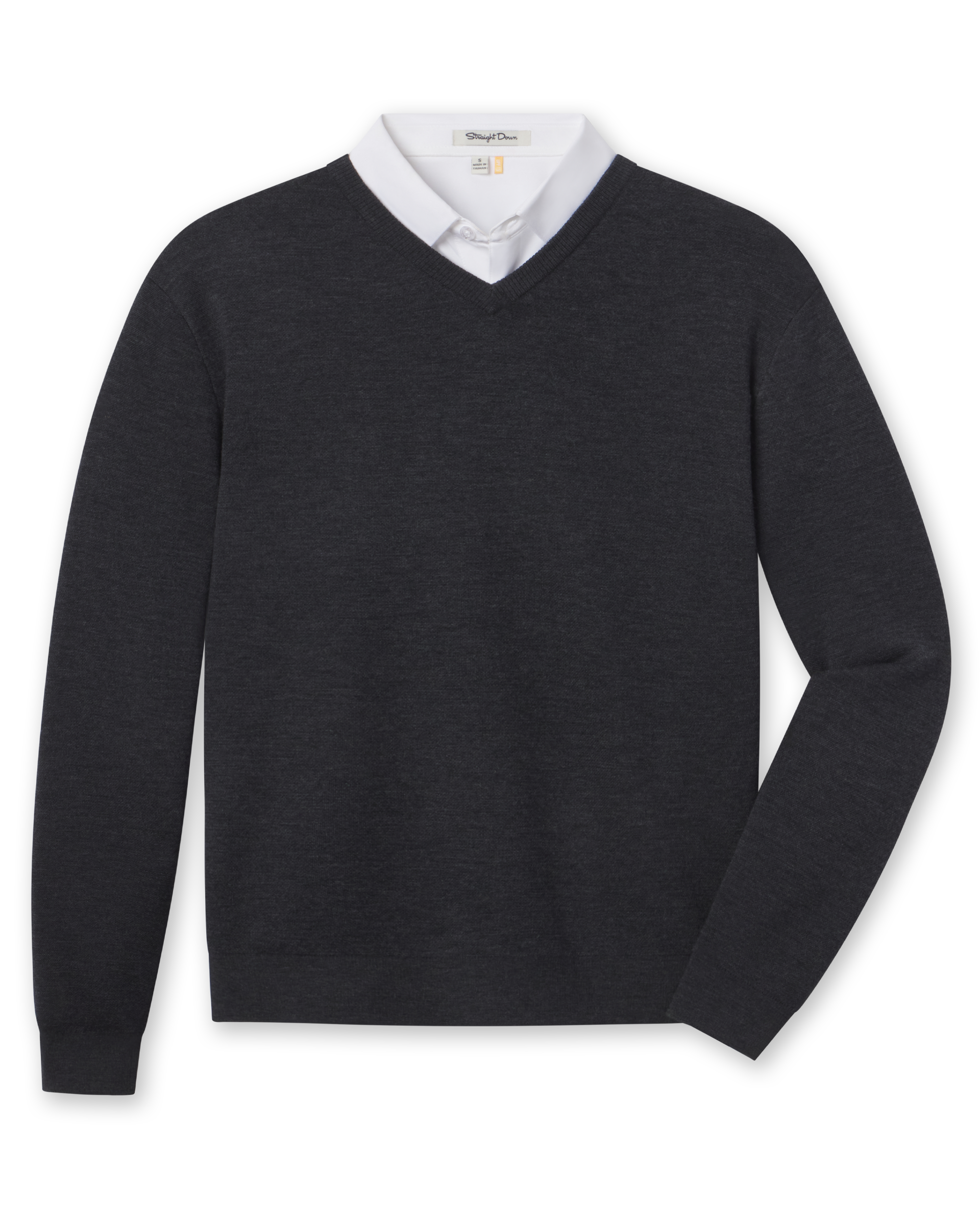 Connery V-Neck Sweater in Dark Grey Heather featuring a classic V-neck, long sleeves, and ribbed cuffs and hem.