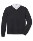 Connery V-Neck Sweater in Dark Grey Heather featuring a classic V-neck, long sleeves, and ribbed cuffs and hem.