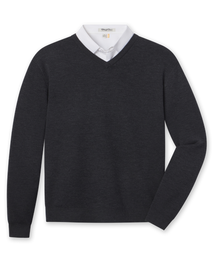 Connery V-Neck Sweater in Dark Grey Heather featuring a classic V-neck, long sleeves, and ribbed cuffs and hem.