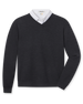 Connery V-Neck Sweater in Dark Grey Heather featuring a classic V-neck, long sleeves, and ribbed cuffs and hem.