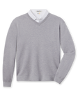 Connery V-Neck Sweater in Light Grey featuring a classic V-neck, long sleeves, and ribbed cuffs and hem.