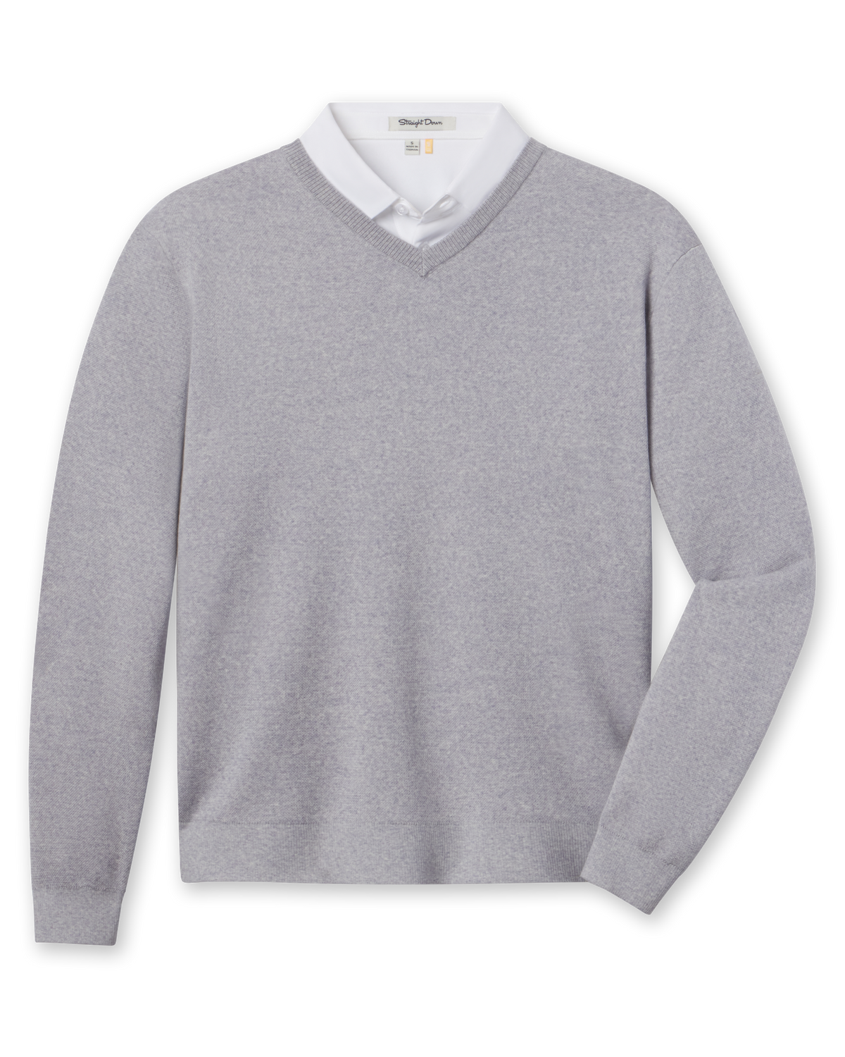 Connery V-Neck Sweater in Light Grey featuring a classic V-neck, long sleeves, and ribbed cuffs and hem.