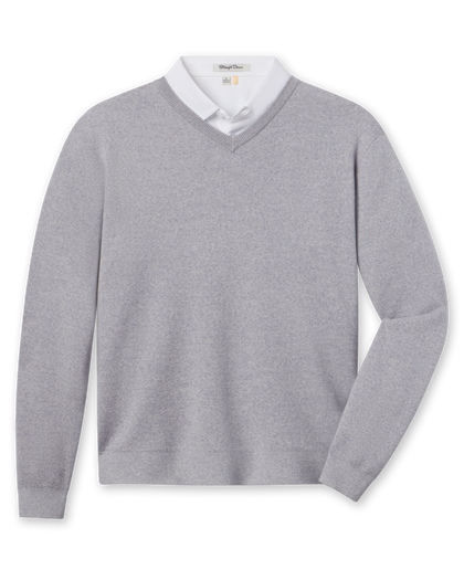 Connery V-Neck Sweater in Light Grey featuring a classic V-neck, long sleeves, and ribbed cuffs and hem.