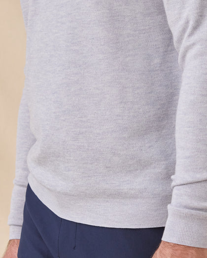 Close-up of the Light Grey Connery V-Neck Sweater showing the fine knit texture and ribbed hem and cuff.