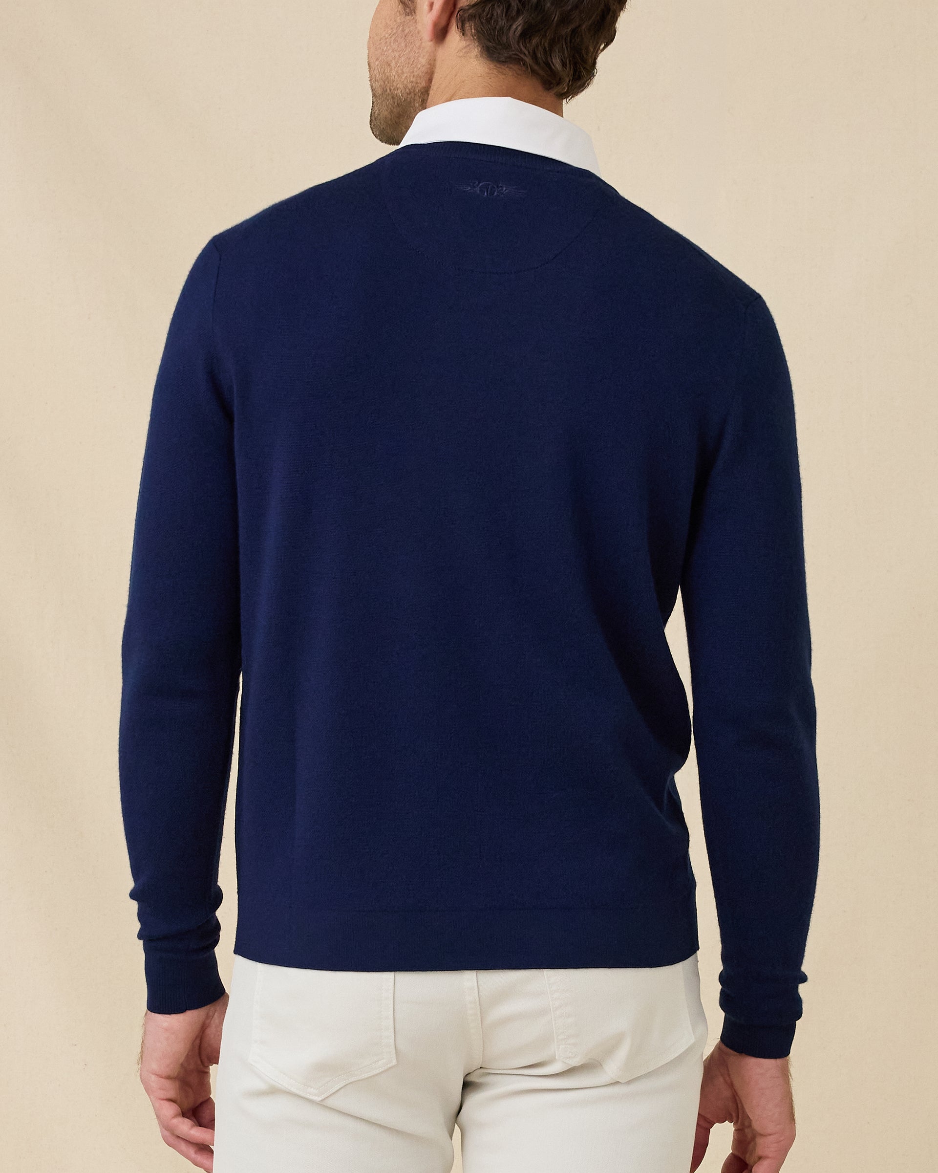 Back view of a model wearing a navy blue v-neck knit sweater over a white collared shirt and stone colored pants, photographed against a plain beige studio background.
