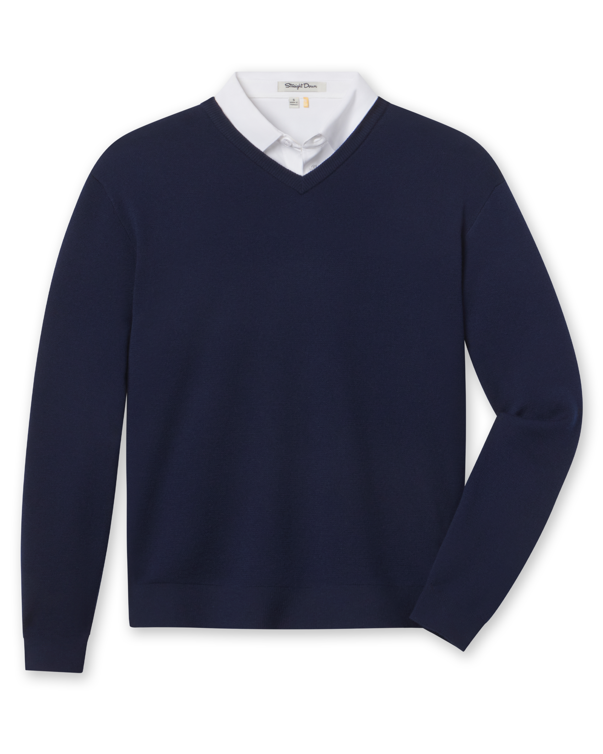 A navy blue V-neck knit sweater styled with a white collared shirt underneath.