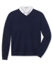 A navy blue V-neck knit sweater styled with a white collared shirt underneath.