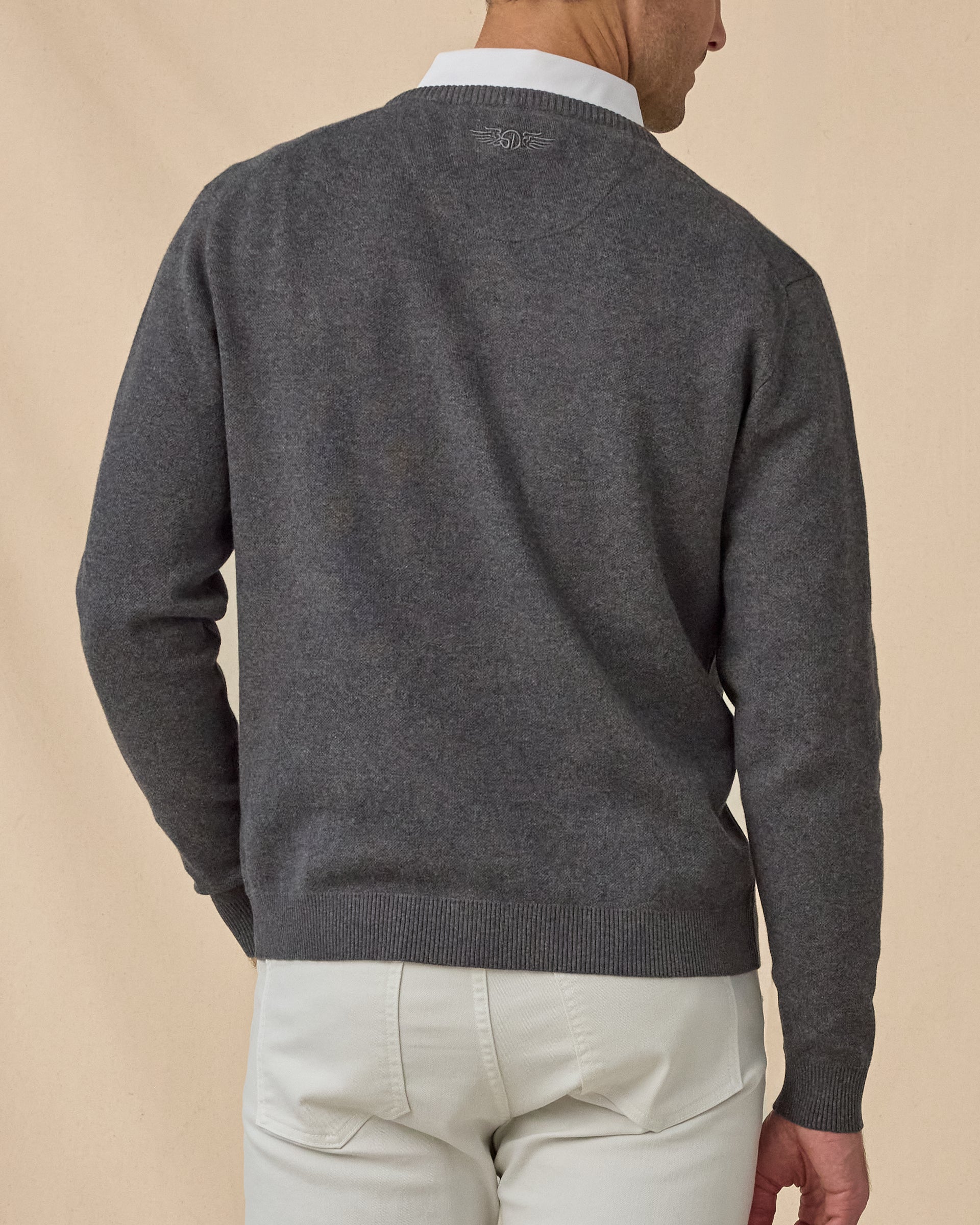 Wallace V-Neck Sweater in Dark Grey Heather, back model view