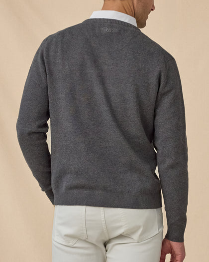 Wallace V-Neck Sweater in Dark Grey Heather, back model view