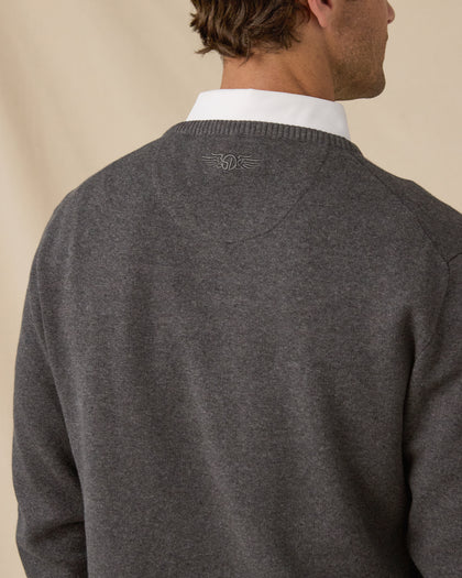 Wallace V-Neck Sweater in Dark Grey Heather with embroidered back logo detail view