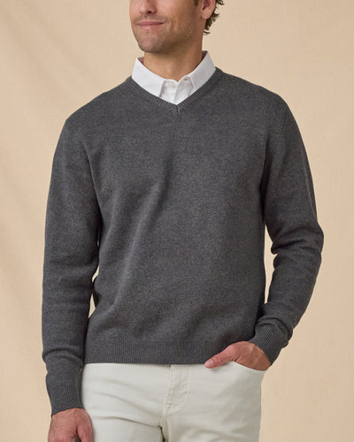 Wallace V-Neck Sweater in Dark Grey Heather layered over white button-down, front model view
