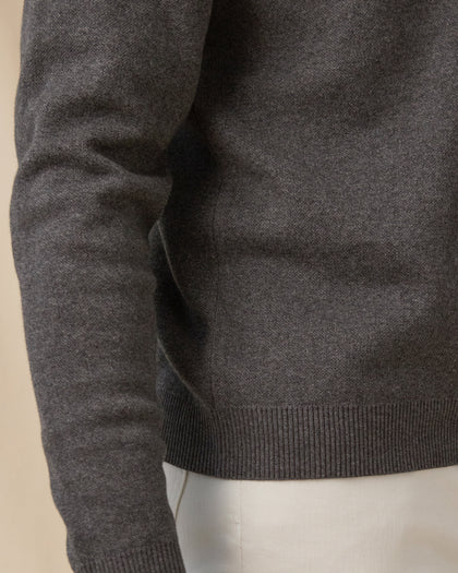 Wallace V-Neck Sweater in Dark Grey Heather with ribbed hem and cuff detail view