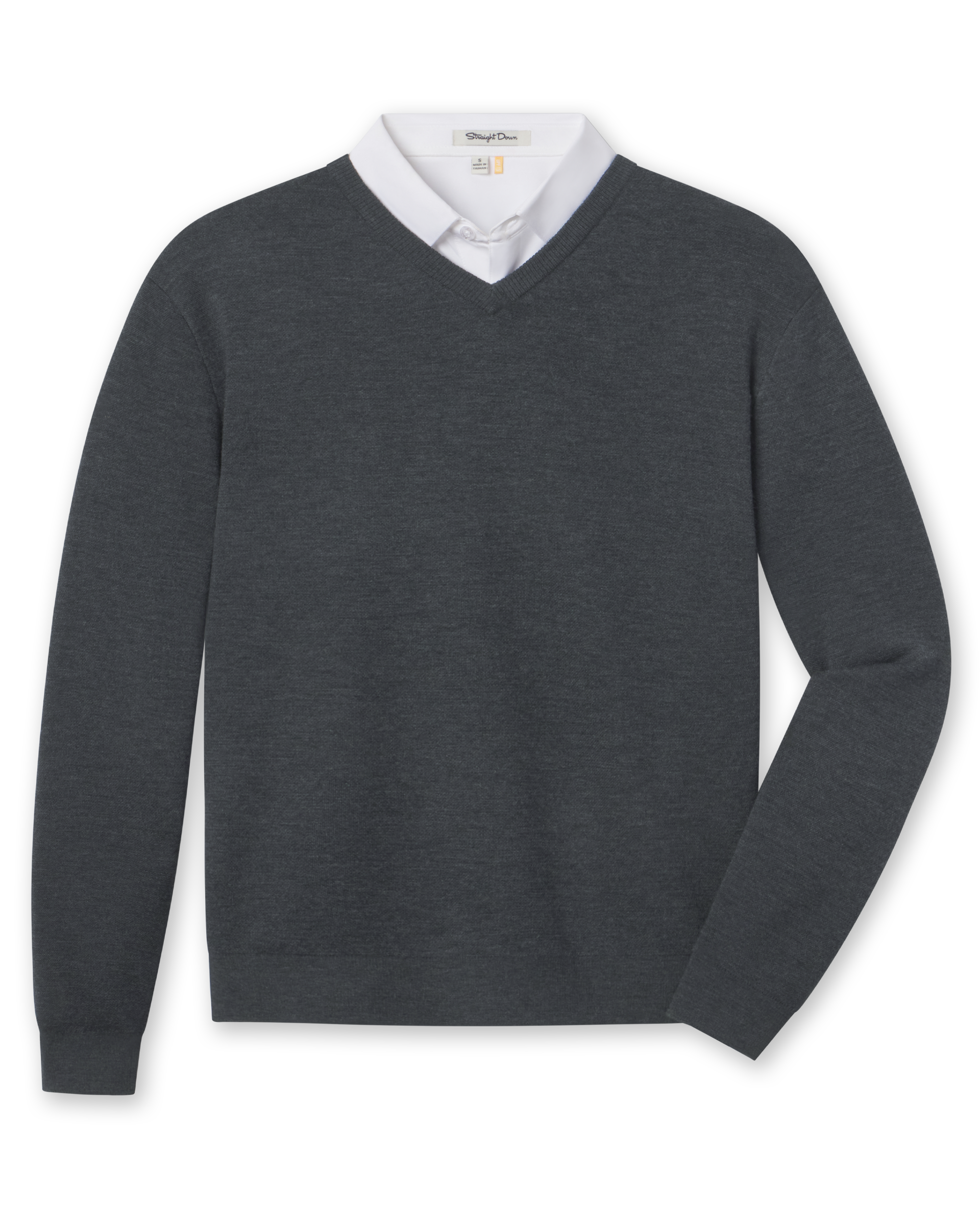 Wallace V-Neck Sweater in Dark Grey Heather layered over a white polo, front view