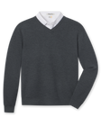 Wallace V-Neck Sweater in Dark Grey Heather layered over a white polo, front view