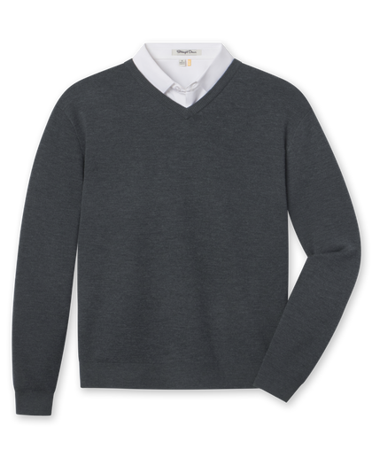 Wallace V-Neck Sweater in Dark Grey Heather layered over a white polo, front view