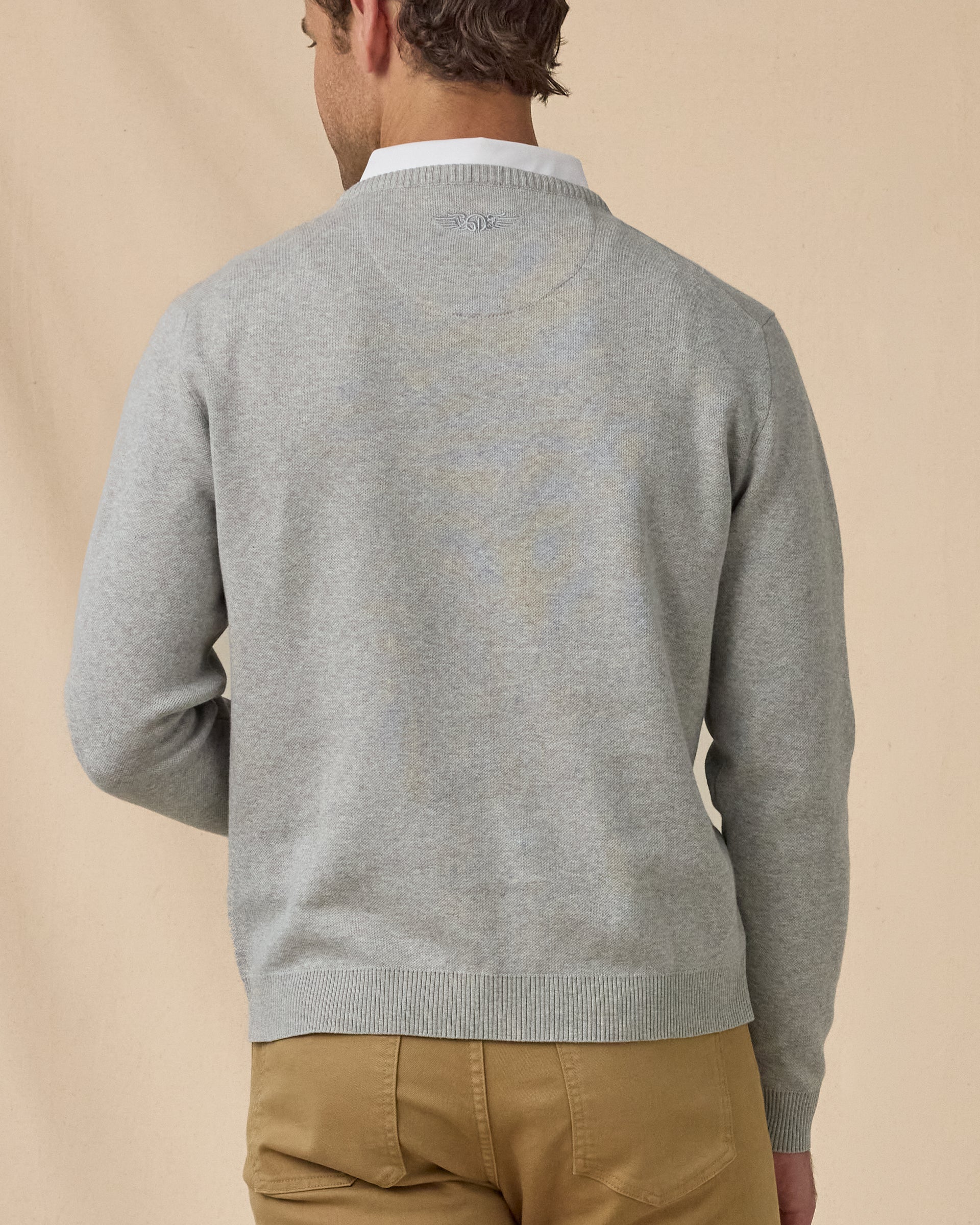 Wallace V-Neck Sweater in Light Grey Heather, back model view