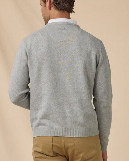 Wallace V-Neck Sweater in Light Grey Heather, back model view