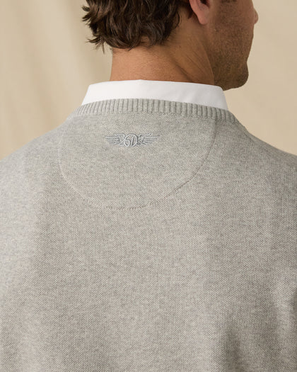 Wallace V-Neck Sweater in Light Grey Heather with embroidered back logo detail view