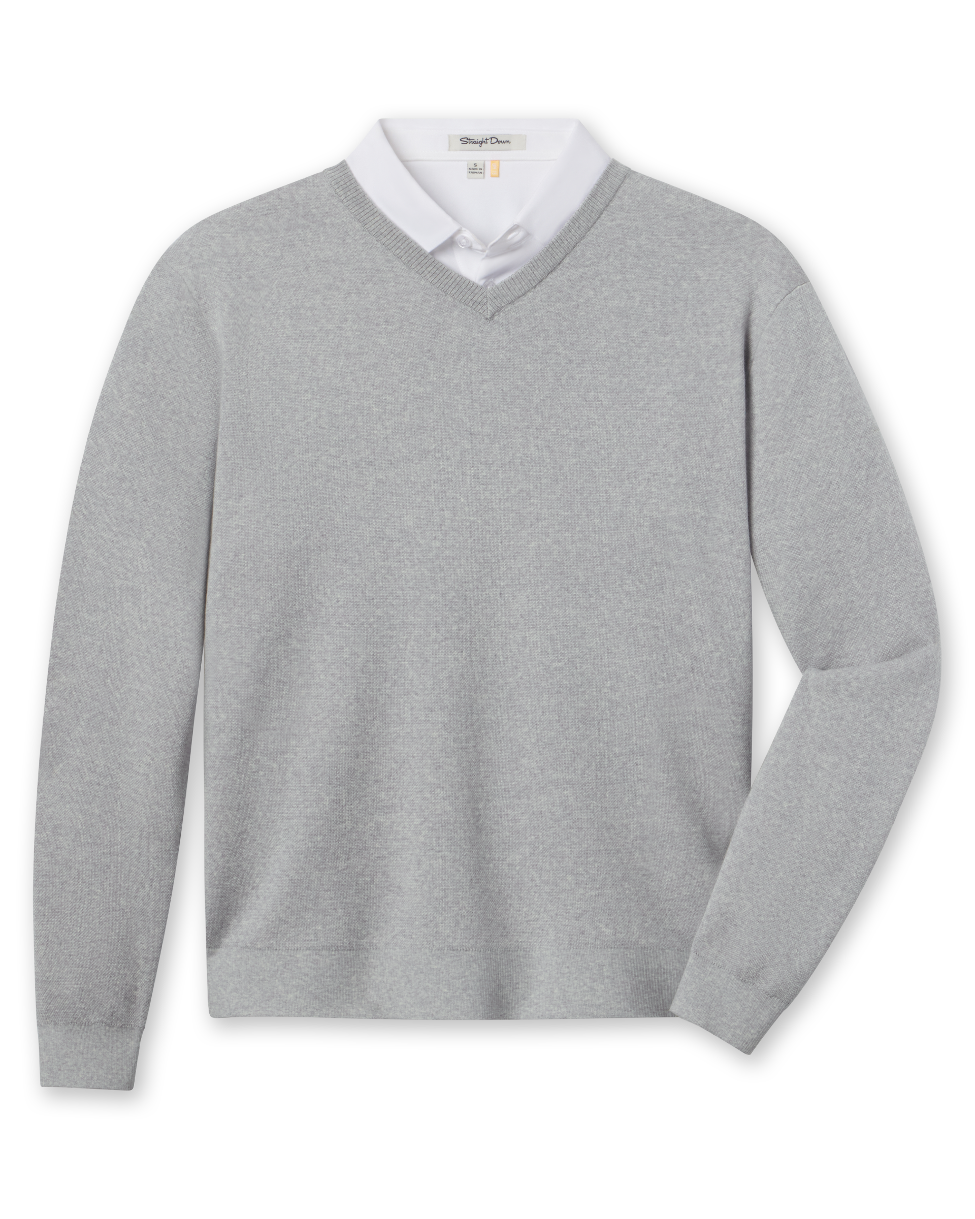 Wallace V-Neck Sweater in Light Grey Heather layered over a white polo, front view