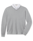 Wallace V-Neck Sweater in Light Grey Heather layered over a white polo, front view