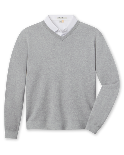 Wallace V-Neck Sweater in Light Grey Heather layered over a white polo, front view