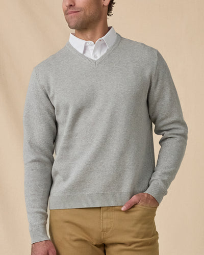 Wallace V-Neck Sweater in Light Grey Heather layered over white button-down, front model view