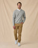 Wallace V-Neck Sweater in Light Grey Heather with khaki pants, full outfit view layered over white polo and styled with khaki pants