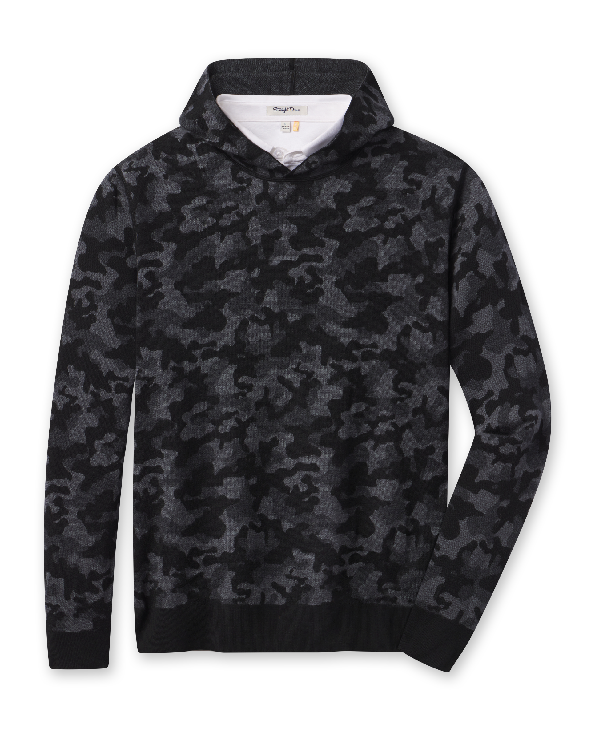 Crenshaw Reversible Sweater Hoodie in Charcoal featuring a black and gray camouflage pattern with ribbed cuffs and hem.