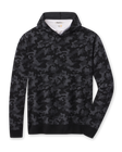 Crenshaw Reversible Sweater Hoodie in Charcoal featuring a black and gray camouflage pattern with ribbed cuffs and hem.