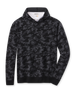 Crenshaw Reversible Sweater Hoodie in Charcoal featuring a black and gray camouflage pattern with ribbed cuffs and hem.