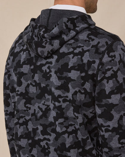 Close-up of the Crenshaw Reversible Sweater Hoodie in Charcoal highlighting the camouflage knit pattern, hood, and shoulder detailing.