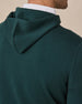 Close-up of the Crenshaw Reversible Sweater Hoodie in Dark Forest highlighting the hood construction, knit texture, and back shoulder detailing.