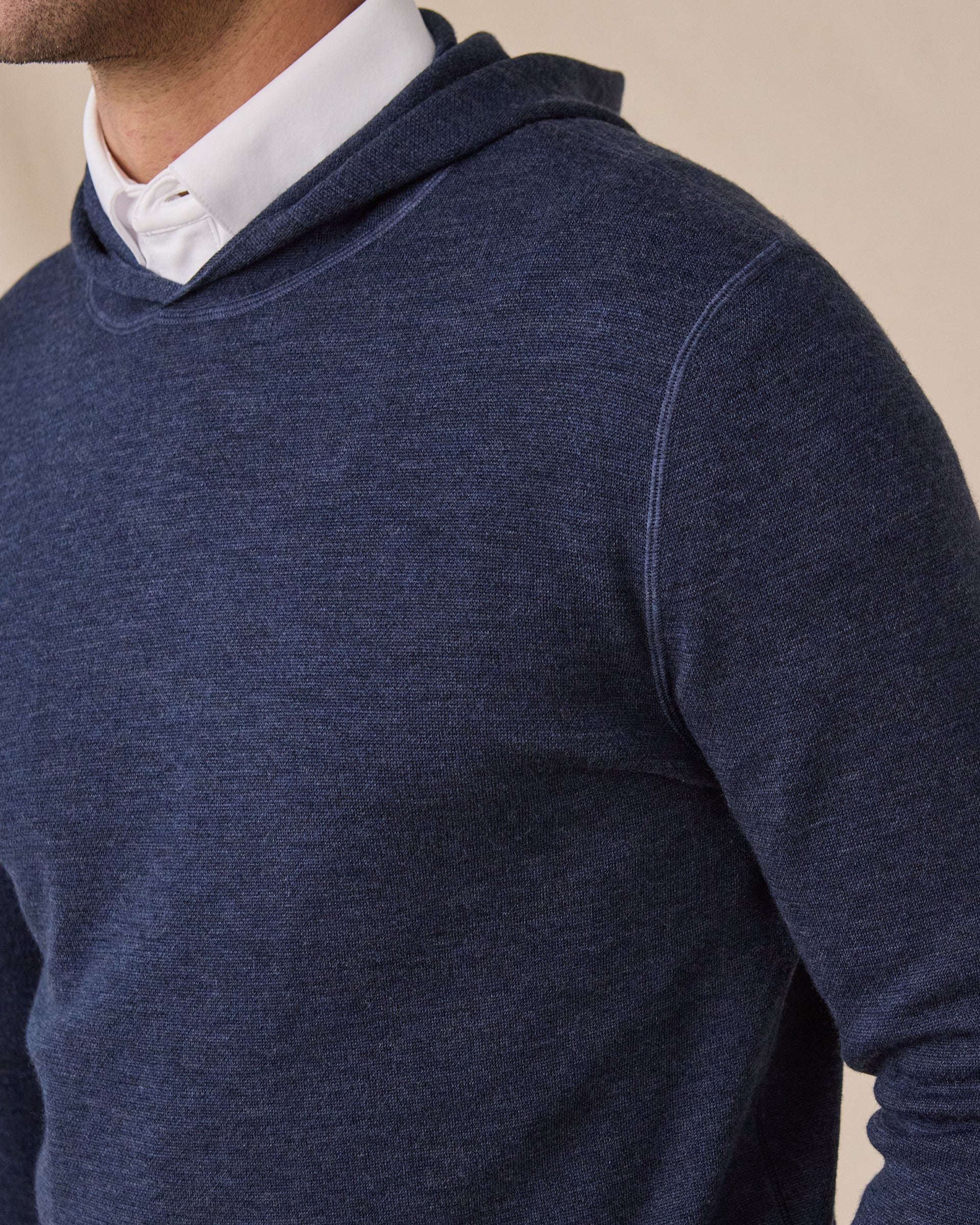 Crenshaw Reversible Sweater Hoodie in New Indigo featuring extra fine merino wool knit construction