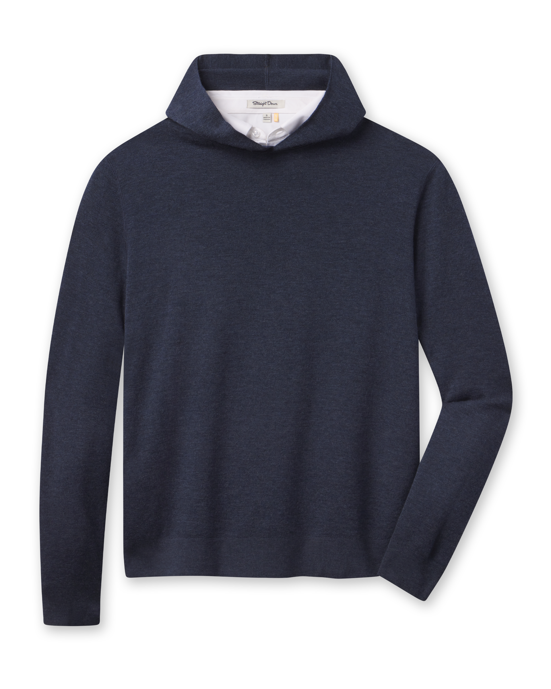 Crenshaw Reversible Sweater Hoodie in New Indigo, a reversible extra fine merino wool, front view
