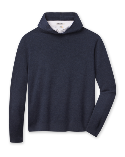 Crenshaw Reversible Sweater Hoodie in New Indigo, a reversible extra fine merino wool, front view