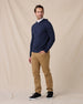 Model styled in the Crenshaw Reversible Sweater Hoodie in New Indigo with khaki pants, full outfit