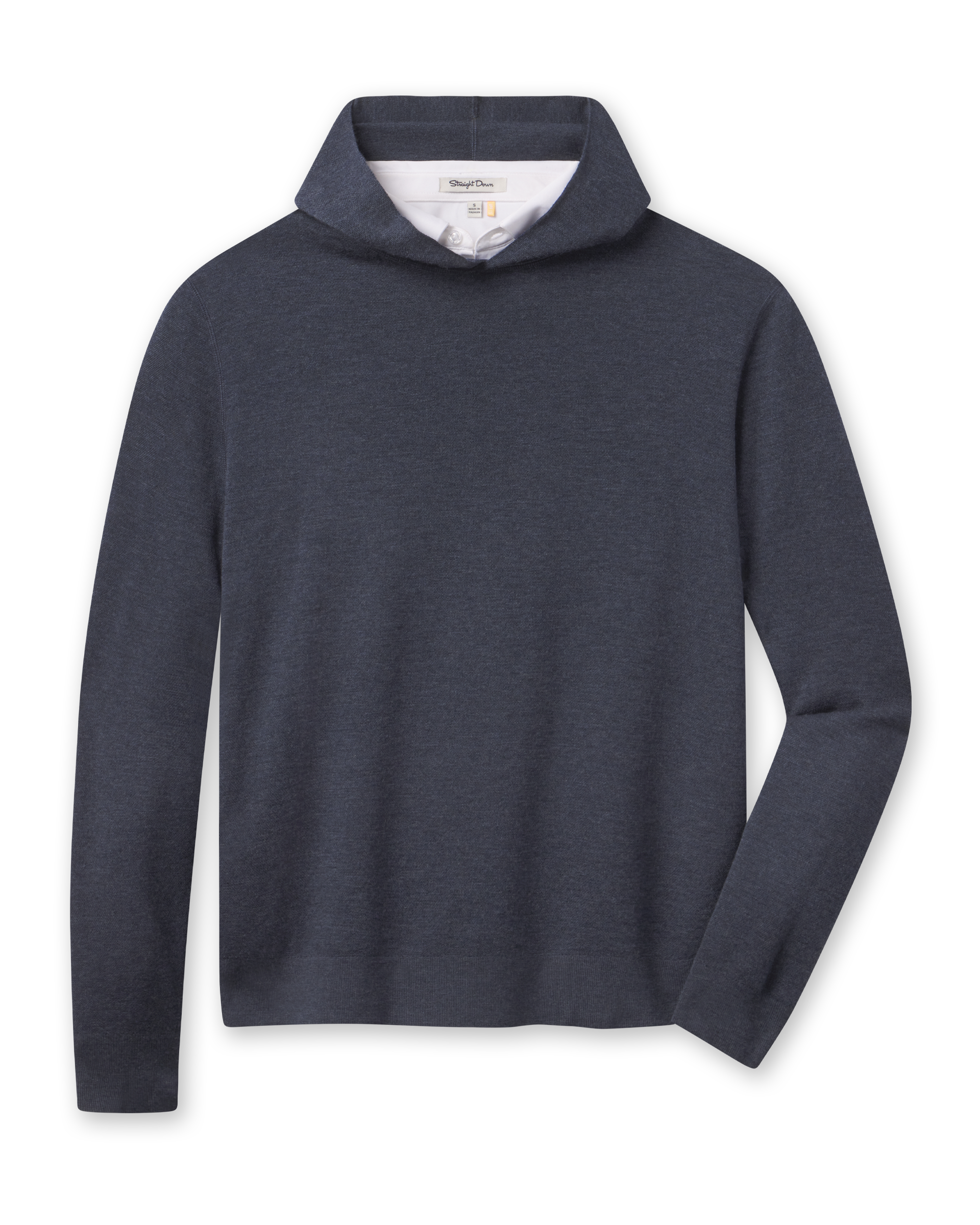Hickam Reversible Sweater Hoodie in Charcoal layered over a white polo, front view