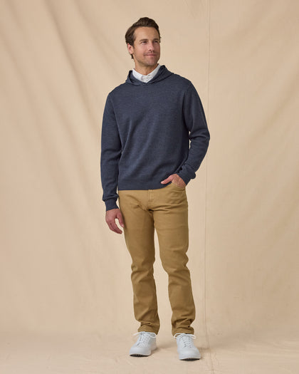 Hickam Reversible Sweater Hoodie in Charcoal with khaki pants, full outfit view
