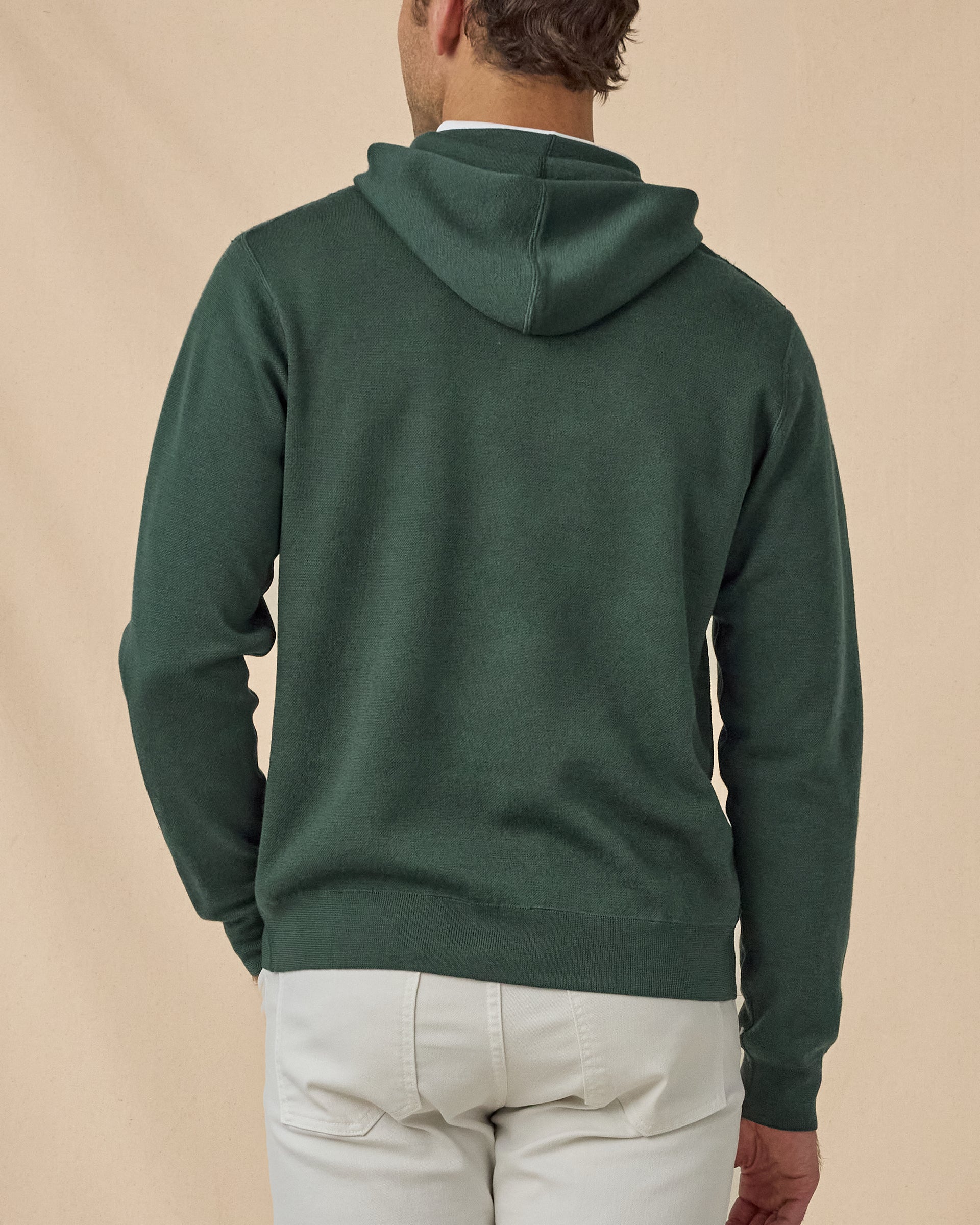 Hickam Reversible Sweater Hoodie in Dark Forest, back model view